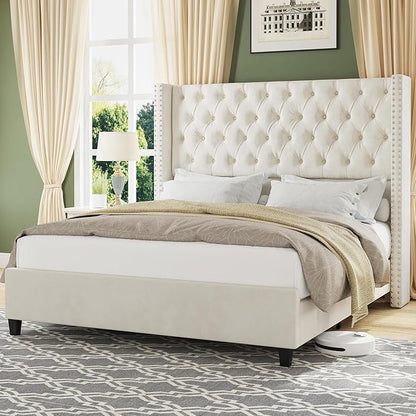 Jocisland Queen Size Bed Frame with 51.6” Wingback Tufted Velvet Headboard, Modern Upholstered Platform Bed, No Box Spring Needed, Easy Assembly, Cream