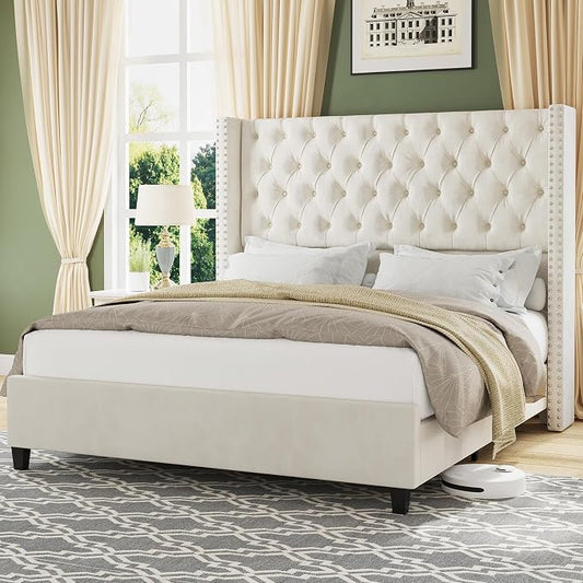 Jocisland King Upholstered Bed Frame with Tall Headboard Wingback Platform Bed Tufted Deep Button Velvet/No Box Spring Needed/Easy Assembly/Cream