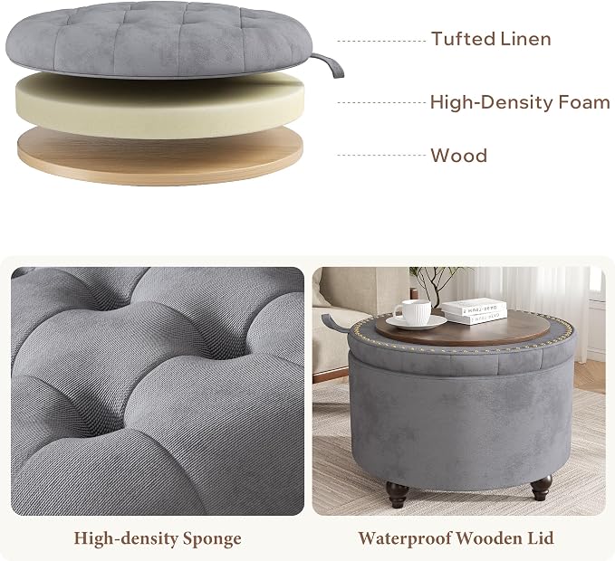 24 Inch Round Storage Ottoman,Modern Tufted Ottomans,Circular Coffee Table with Removable Top,Upholstered Large Ottoman with Storage Footrest Stool for Bedroom Living Room (Lightgrey)