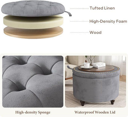 24 Inch Round Storage Ottoman,Modern Tufted Ottomans,Circular Coffee Table with Removable Top,Upholstered Large Ottoman with Storage Footrest Stool for Bedroom Living Room (Lightgrey)