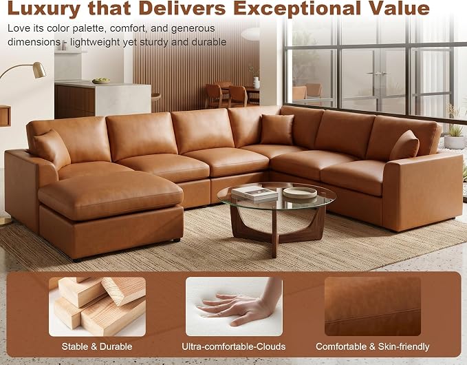 Oversized Leather Modular Sectional Sofa for Living Room, Brown | Extra Deep Seat, Pet-Friendly, Easy to Clean, Easy to Assemble, with Ottoman, Large 7 Seater U Shaped Cloud Couch