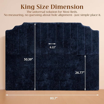 King Headboard Only - Blue Velvet Upholstered Headboard for Bed, No Assembly Required, Pure Sponge Design, Comfort Head Board, Place Between Bed & Wall, Vertical Stripe with Stepped Crown Top Edge