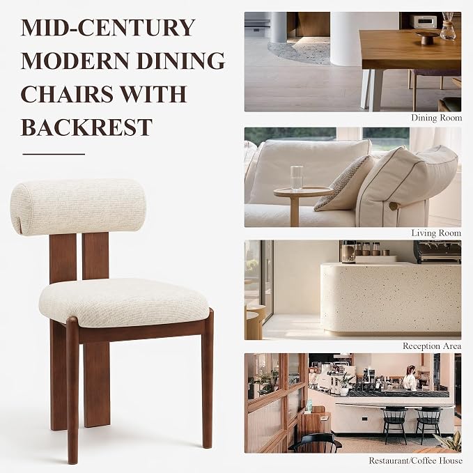 MALOL Modern Wooden Dining Chairs Set of 4, Upholstered Fabric Kitchen Chairs with Sculptural Backrest, Mid-Century Farmhouse Dining Room Chairs with Solid Wood Legs, Beige