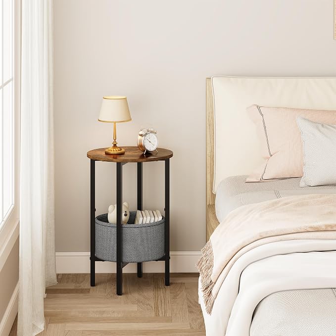 Vagusicc Round Side Table End Table with Storage Basket, Small Side Table Round Nightstand for Small Spaces, Tall Oval End Table with Steel Frame, Coffee Bedside Table for Living Room, Rustic Brown