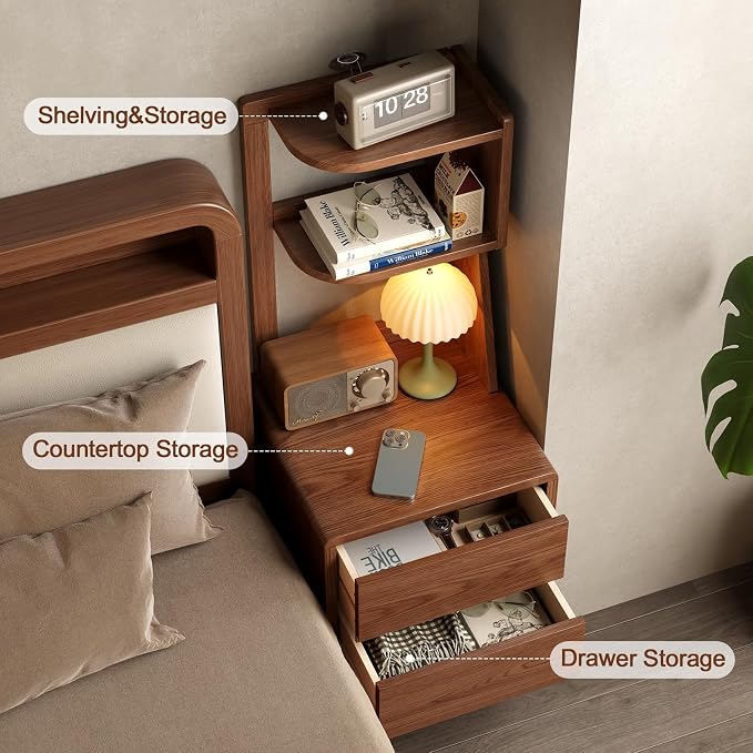 Solid Wood Bookshelf with Drawers,Narrow bookcase with Storage Shelves,Tall Nightstand with Drawers,Mid Century Modern Nightstand,Open Shelf Bookcase,Small Book Shelf for Bedroom,Living Room,Offices