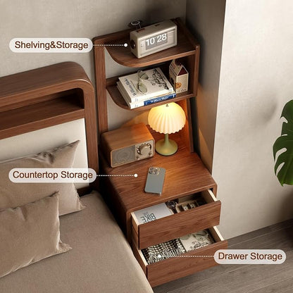 Solid Wood Bookshelf with Drawers,Narrow bookcase with Storage Shelves,Tall Nightstand with Drawers,Mid Century Modern Nightstand,Open Shelf Bookcase,Small Book Shelf for Bedroom,Living Room,Offices