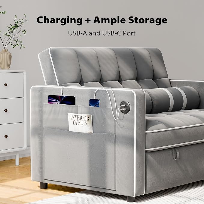 Pipishell 3 in 1 Sleeper Sofa Bed, Pull Out Couch with USB & Type-C Ports, Deep Seat Convertible Loveseat Sofa, Adjustable Backrest, Side Pockets, Velvet Futon Couch for Living Room, Grey