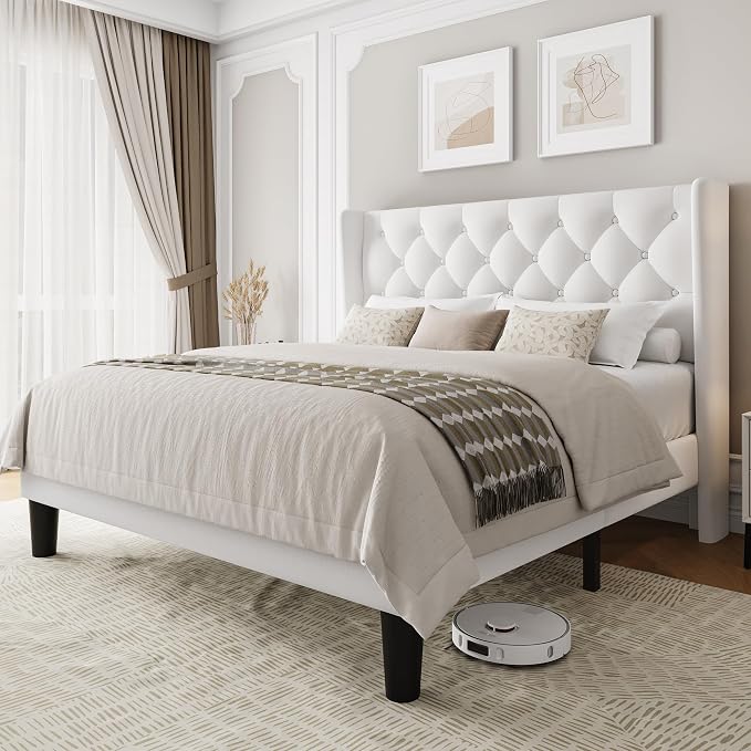 Einhomn Queen Size Platform Bed Frame with Velvet Upholstered Wingback Headboard, 10" Under Bed Space, Wooden & Metal Slats Support, No Box Spring Needed, White