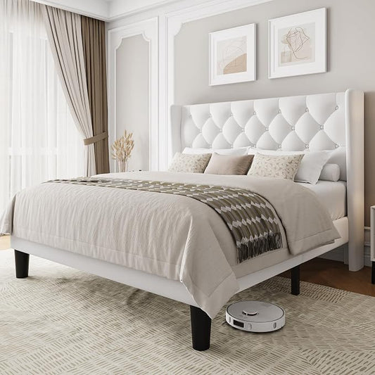 Einhomn Queen Size Platform Bed Frame with Velvet Upholstered Wingback Headboard, 10" Under Bed Space, Wooden & Metal Slats Support, No Box Spring Needed, White