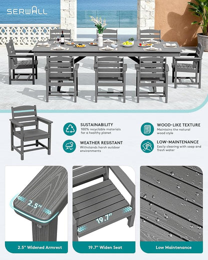 SERWALL 9 Piece 84" HDPE Outdoor Dining Set for 8 with Armchairs and Umbrella Hole, Gray