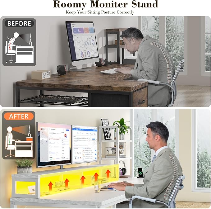 EnHomee 44" Small White Gaming Desk with Hutch & Shelves for Teen Gamer | Dual Monitor Stand for Posture, Built-in Power Strip, Music-sync RGB Lights, Sturdy Steel Frame, Fabric Drawer, Easy Assembly