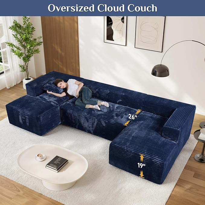 131" Oversized U Shaped Cloud Sectional Couches for Living Room, Comfy Fluffy Corduroy Blue Boneless Sectionals Couch, Plush Memory Foam Modular Sectional Sofa with Chaise- 19" Seat Height