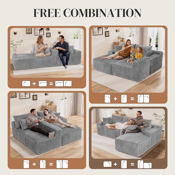 110" L Shaped Cloud Boneless Sectional Couches for Living Room, Modern Comfy Modular Deep Seat Memory Foam Compressed Corduroy Sofa Oversized Right Facing Chaise, No Assembly Required, Grey