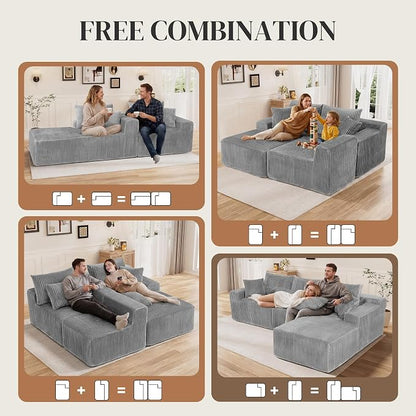 110" L Shaped Cloud Boneless Sectional Couches for Living Room, Modern Comfy Modular Deep Seat Memory Foam Compressed Corduroy Sofa Oversized Right Facing Chaise, No Assembly Required, Grey