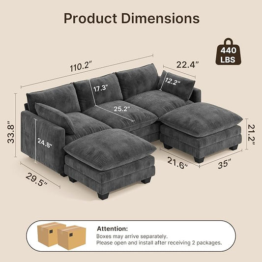 Gizoon 110'' U Shaped Corduroy Comfy Sectional Couches for Living Room 3 Seater Cloudy Sofa with 2 Movable Ottomans Pet Friendly Cloud Couch for for Living Room Bedroom and Apartment, Gray