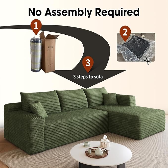 AUGOP 96" Sectional Couches for Living Room Modern Modular Sofa with L-Shape Couchs Upholstered Boneless Couch Deep Seat Sectional Couch with Chaise (Green, 96" Right Facing Chaise+2Seaters)