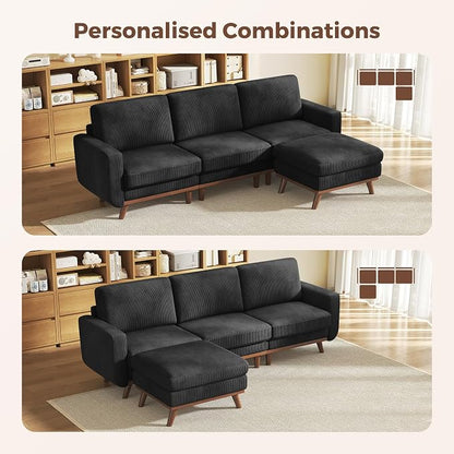 Vesgantti 97" Modular Sectional Sofa Black, L-Shaped Couch with Movable Ottoman, Comfy Corduroy Couch with Spring Cushion, Modular Sofa with Deep Seat for Living Room, Bedroom and Apartment
