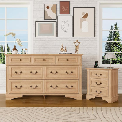 ENOUSHUFarmhouse Dresser and Nightstand Sets, 7 Drawer Dresser & 3 Drawer Nightstand Sets, 2 Pieces Rustic Wood Bedroom Furniture Set for Home, Bedroom, Hallway（Natural）