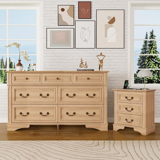 ENOUSHUFarmhouse Dresser and Nightstand Sets, 7 Drawer Dresser & 3 Drawer Nightstand Sets, 2 Pieces Rustic Wood Bedroom Furniture Set for Home, Bedroom, Hallway（Natural）