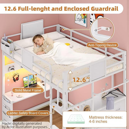Dnxao Twin Size Loft Bed with Desk, Anti-Wobble Heavy Duty Metal Frame with DIY Pegboard & 6 Storage Drawers, LED Lights, Charging Station with Type-C, Space-Saving Workstation for Kids Teens, White