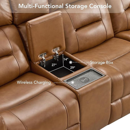 Watson & Whitely Genuine Leather Power Loveseat and Recliner Sofa Set, Lay Flat Reclining Couch with Console, Power Headrest, USB & Wireless Charging, Cup Holders for Living Room, Saddle Brown