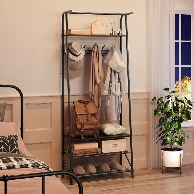 OUTLANE Entryway Hall Tree with 5 Hooks, Shoe Bench & Storage Shelf, Coat Rack Organizer with Wood Accents and Metal Frame for Entryway, Living Room, Bedroom, Black-Single row