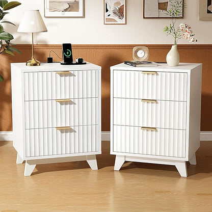 VINGLI White Nightstands Set of 2 with Charging Station, Fluted White Night Stand Bedside Table with Drawers for Bedroom, Fluted Bedside Table/End Table/Side Table, 17.72" W*13.78" D*23.62" H, 2 pcs