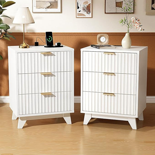 VINGLI White Nightstands Set of 2 with Charging Station, Fluted White Night Stand Bedside Table with Drawers for Bedroom, Fluted Bedside Table/End Table/Side Table, 17.72" W*13.78" D*23.62" H, 2 pcs