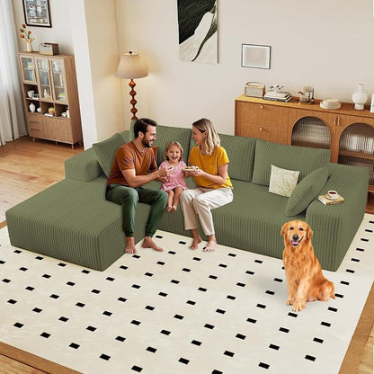 96" Modular Sectional Sofa, Modern Corduroy Cloud Couch with Deep Seat, Boneless Couch Upholstered 3-Seater L-Shaped Sofa for Living Room, No Assembly Required (Green, Left-Facing Chaise)