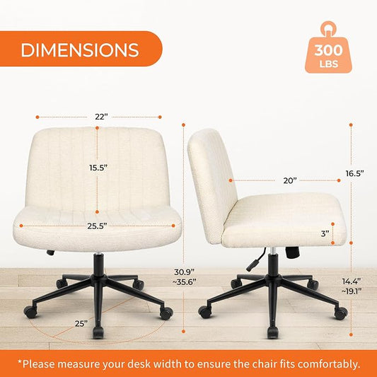 Orange Factory Criss Cross Chair Wheels Wide Cross Legged Office Desk Vanity Dual Base Comfy Fabric Armless Adjustable Swivel for Home Computer Task (Beige Dual Base, Fabric)