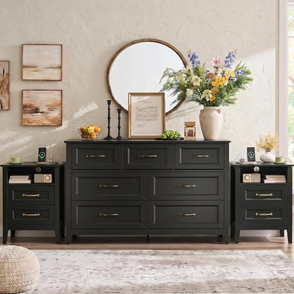 Gizoon 3PC Bedroom Furniture Set, 7 Chest of Drawers & 2 Nightstands with Charging Station, USB Type-C Outlet, Farmhouse Bedside Table Combo, Black Bedroom Set