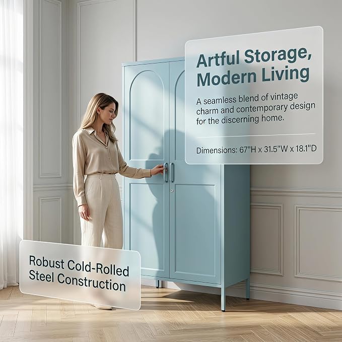 Lockable Vintage Blue Tall Metal Wardrobe, Freestanding Cold Rolled Steel Storage Cabinet with Arched Embossed Doors & Raised Feet for Home Office Size：67" H x 31.5" W x 18.1" D