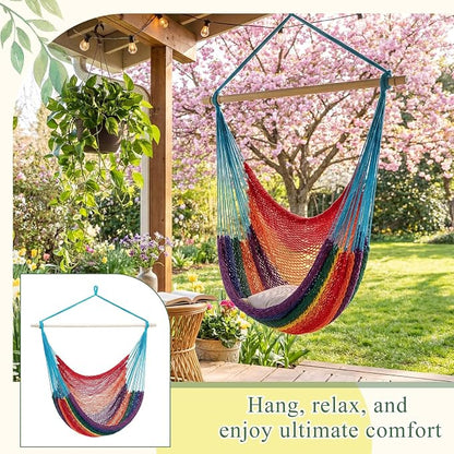 Barydat 2 Pcs Hanging Hammock Chair Boho Swing Chair Outdoor Indoor Comfy Soft Cotton Rope Weaving with 40 Inch Detachable Metal Bars for Backyard Living Room Garden, 270lb Capacity (Rainbow Color)