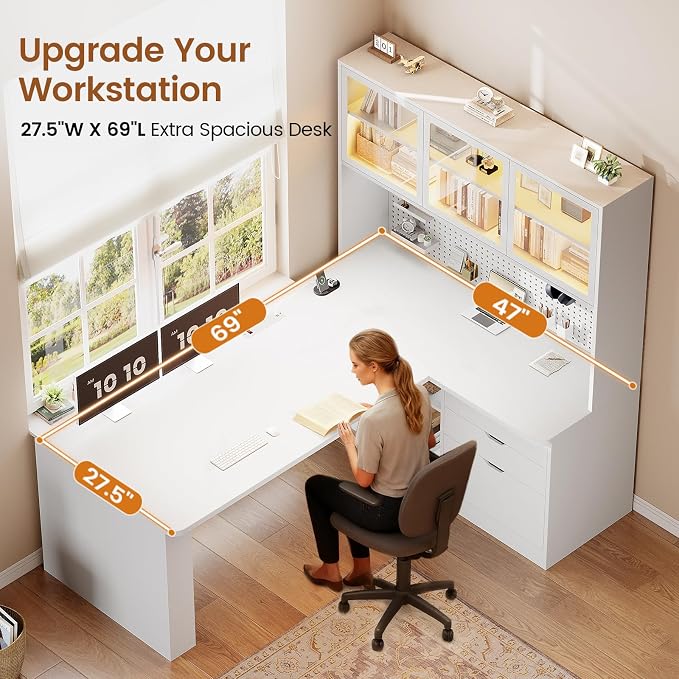 SEDETA L Shaped Computer Desk, L Shaped Corner Gaming Desk with 3 Wood Drawer and Large Bookshelf, Home Office Desk with LED Light, Display Cabinet and Pegboard, 27.5" W Large Desktop Table, White