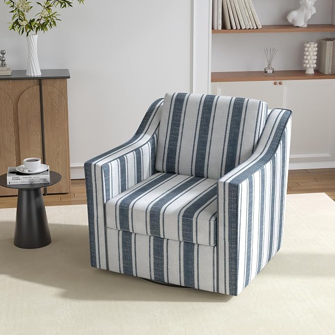 Swivel Accent Chair, 360° Swivel Upholstered Club Armchairs for Living Room, Comfy Fabric Single Sofa Reading Chair with Deep Seat, Metal Swivel Base, Navy Stripe