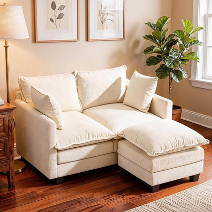Loveseat Sofa with Ottoman, Cloud 3-Layer Cushion & 27" Deep Seat Modern Small Couch with 2 Washable Pillows for Small Spaces, Bedroom, Apartment, Office, Living Room, in a Box, 50-Inch Beige