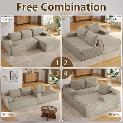 96.1" Modular Sectional Sofa Couches L-Shape Couch 3 Seat Modular Sofa Corduroy Memory Foam Sectional Boneless Couches for Living Room, Cloud Couch with Oversized Chaise(Camel, Right Facing)