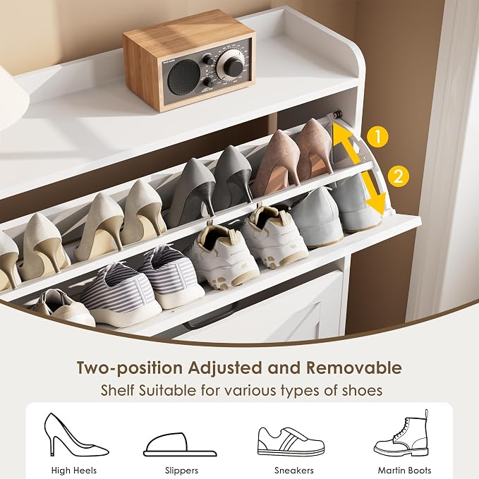 Nicetree Shoe Storage Cabinet with 2 Flip Drawers, Freestanding Shoe Organizer, Shoe Cabinet with Metal Legs, Narrow Shoe Rack Cabinet, Farmhouse Slim Shoe Cabinet for Entryway, Foyer, Hallway, White