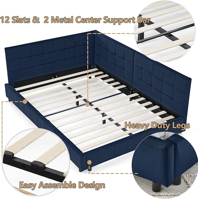 Bellemave Full Size Corner Bed Frame with Comfortable Backrest and Armrests, Velvet Tufted Corner Bed Frame Full Size, Upholstered Daybed for Bedroom, Living Room, Guest Room, Dark Blue