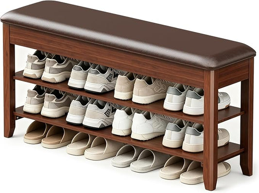 LBT Solid Wood Entryway Shoe Bench with Storage, Adjustable 2-Tier Shoe Rack, Flip-Top Hidden Compartment, Padded Leather Seat, Heavy-Duty 550 lb Capacity for Entryway, Mudroom, Closet 31.5 inch