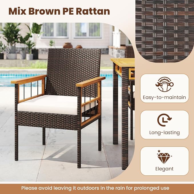 Tangkula 7 Pieces Wicker Patio Dining Set, Outdoor Acacia Wood Rectangular Table with 1.97” Umbrella Hole and Cushioned Chairs, Outside Conversation Furniture Set for Deck, Garden and Backyard