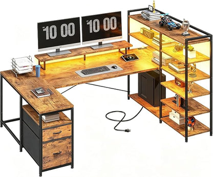 DurayLoly 63" L Shaped Desk with Monitor Stand & CPU Stand, Reversible Computer Desk with 6-Tier Shelves& 2 Fabric Drawers, Ergonomic Desk with Power Outlet & LED Lights for Home Office,Rustic Brown
