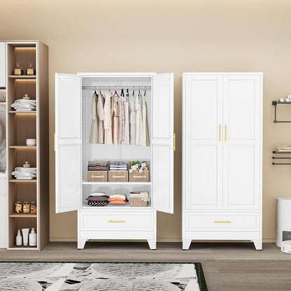 PAOFIN 71" Metal Armoire Wardrobe Closet Storage Cabinet with Hanging Rod,Metal Clothing Cabinet with 1 Drawer and Adjustable Shelf for Bedroom, Laundry Room(White)