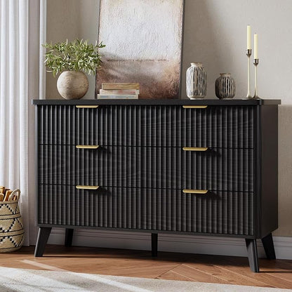 GarveeHome Fluted Dresser for Bedroom with 6 Deep Drawers, 47.2 in Wide Modern Chest of Drawers, Wooden Dresser TV Stand, Curved Profile Design, for Living Room, Kids Room, Hallway, Black