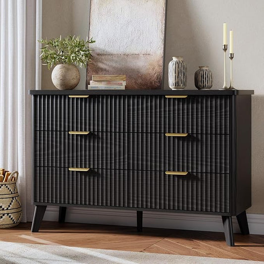 GarveeHome Fluted Dresser for Bedroom with 6 Deep Drawers, 47.2 in Wide Modern Chest of Drawers, Wooden Dresser TV Stand, Curved Profile Design, for Living Room, Kids Room, Hallway, Black