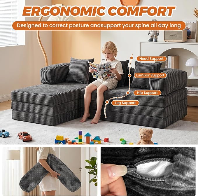6-in-1 Boneless Couches L-Shaped Modular Sectional Sofa | Cloud Couch Sectional & Tri-Folding Mattress | Corduroy Pet-Friendly Convertible Sofa Bed with 800LB Capacity Apartment, Guest Room