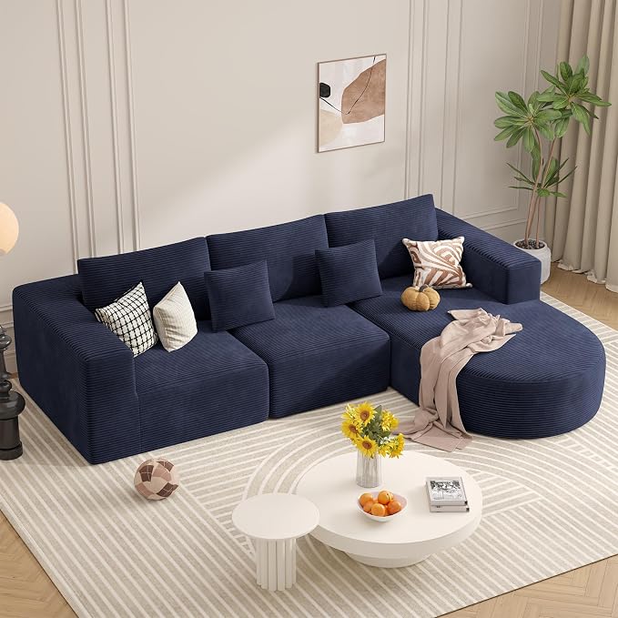 L-Shaped Boneless Couch,104" Couches for Living Room with Curved Chaise,Modular Sectional Sofa with Deep Seat,Modern Cozy Cloud Compression Sofas,No Assembly Required(Blue) 1PCS