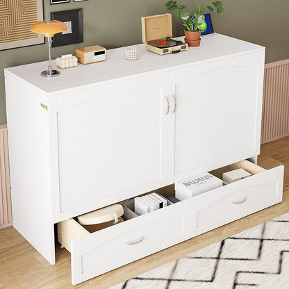 Ball & Cast Wall Bed Queen Size Murphy Beds with Drawer and a Set of Sockets,Multi-Functional Hideaway Cabinet w/USB Ports,Pulley Structure Design,Space Saving for Bedroom,Apartment,Studio,White