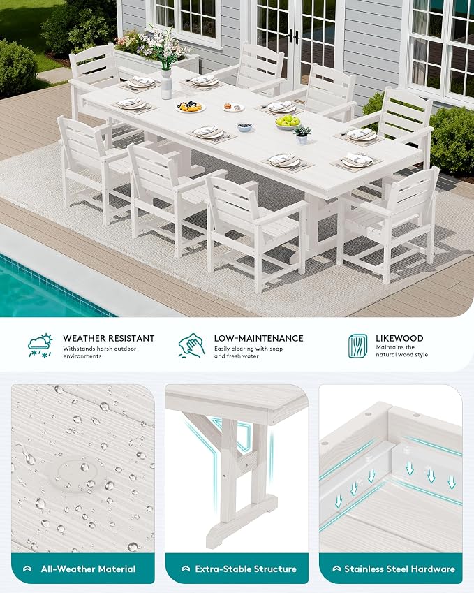 SERWALL 9 Piece 84" HDPE Outdoor Dining Set for 8 with Armchairs and Umbrella Hole, White