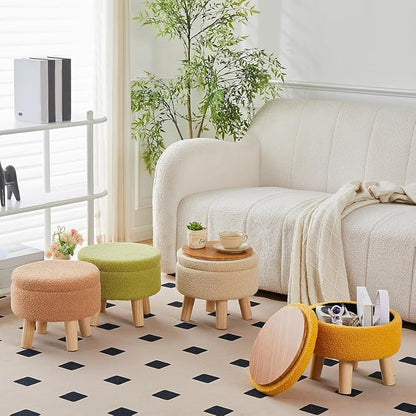 Wimarsbon Storage Ottoman, Modern Round Footrest with Soft Padded Seat, Teddy Velvet Footstool with Wood Legs, Accent Small Table or Plant Stand for Hallway, Living Room (Off-White)
